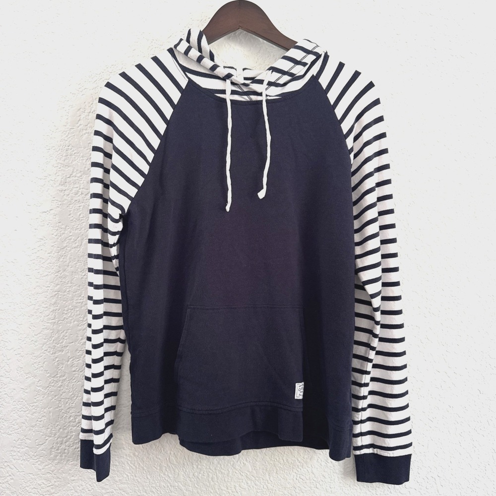 Orvis Navy White Striped Pullover Hoodie Kangaroo Pocket Beach